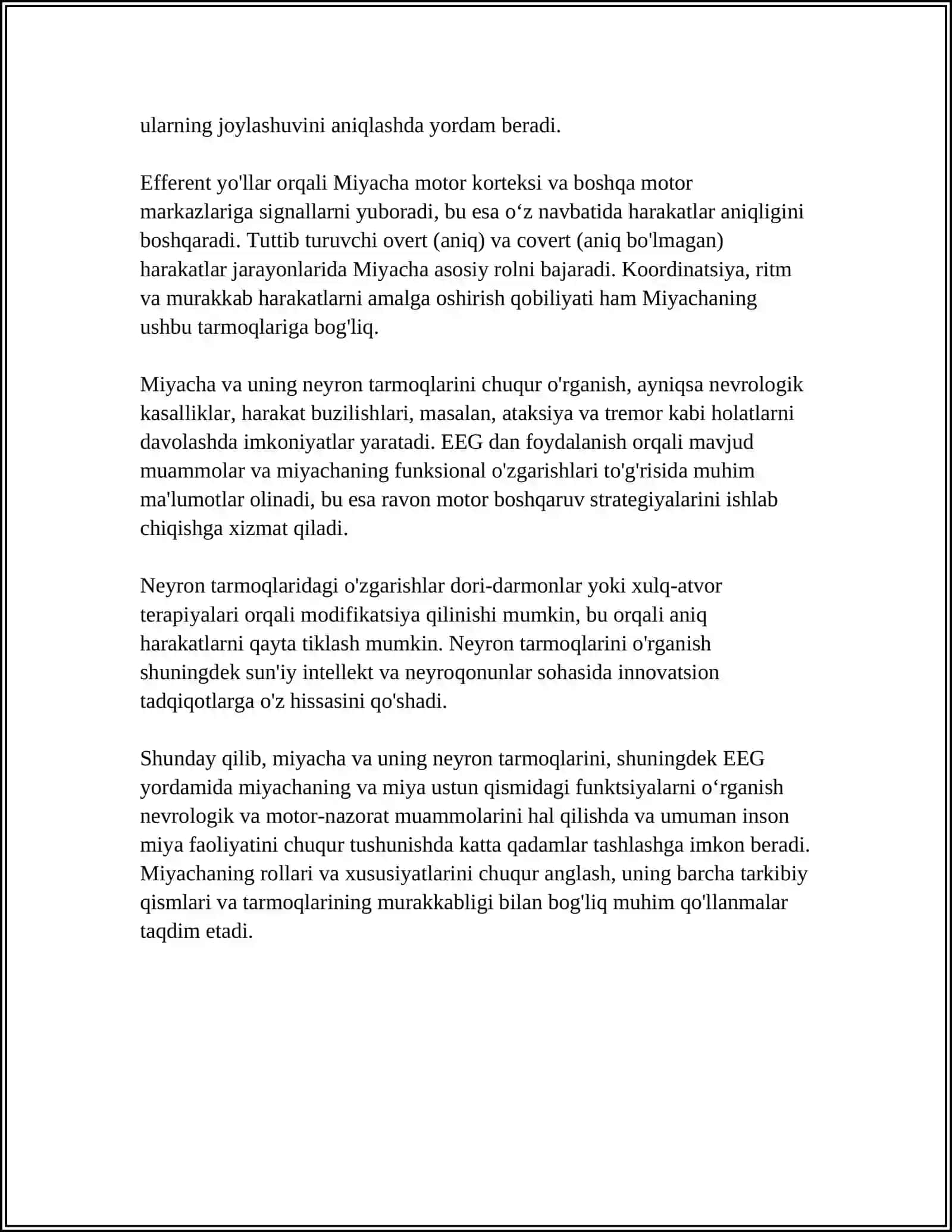 MIYACHA VA MIYANING USTUN QISMI FUNKSIYALARINI O'RGANISH. EEG 4