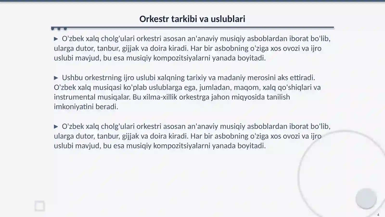 O'zbek xalq cholg'ulari orkestrining jahon sahnasidagi o'rni 4