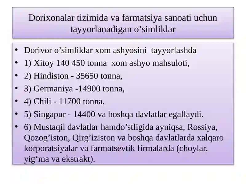 Dorixonalar tizimida va farmatsiya sanoati uchun dorivor o’simliklar 4