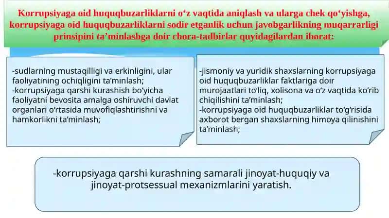 Korrupsiyaga oid huquqbuzarliklarni aniqlash, ularga chek qo'yish, javobgarlikning muqarrarligi, hamda fuqarolarda korrupsiyaga qarshi xulq-atvor qoidalarni shakllantirish 4