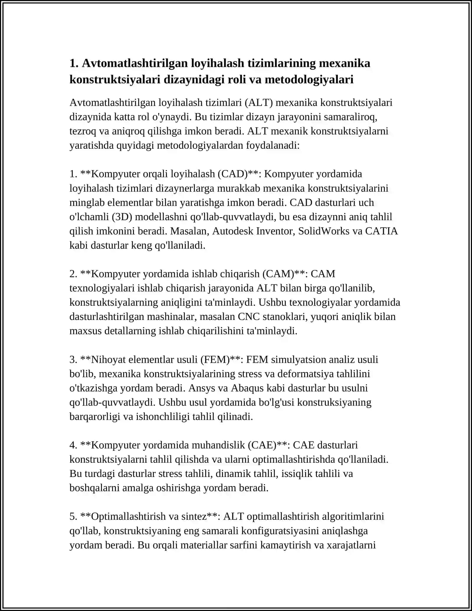 AVTOMATLASHTIRILGAN LOYIHALASH TIZIMLARINI MEXANIKA, ENERGETIKA, ELEKTRONIKA, GEOLOGIYA, MASHINASOZLIK VA BOSHQA SOHALARDA QOʻLLASH 4