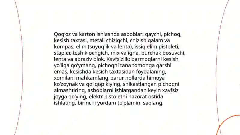 Qogʻoz va karton bilan ishlash darslarining mazmuni 4