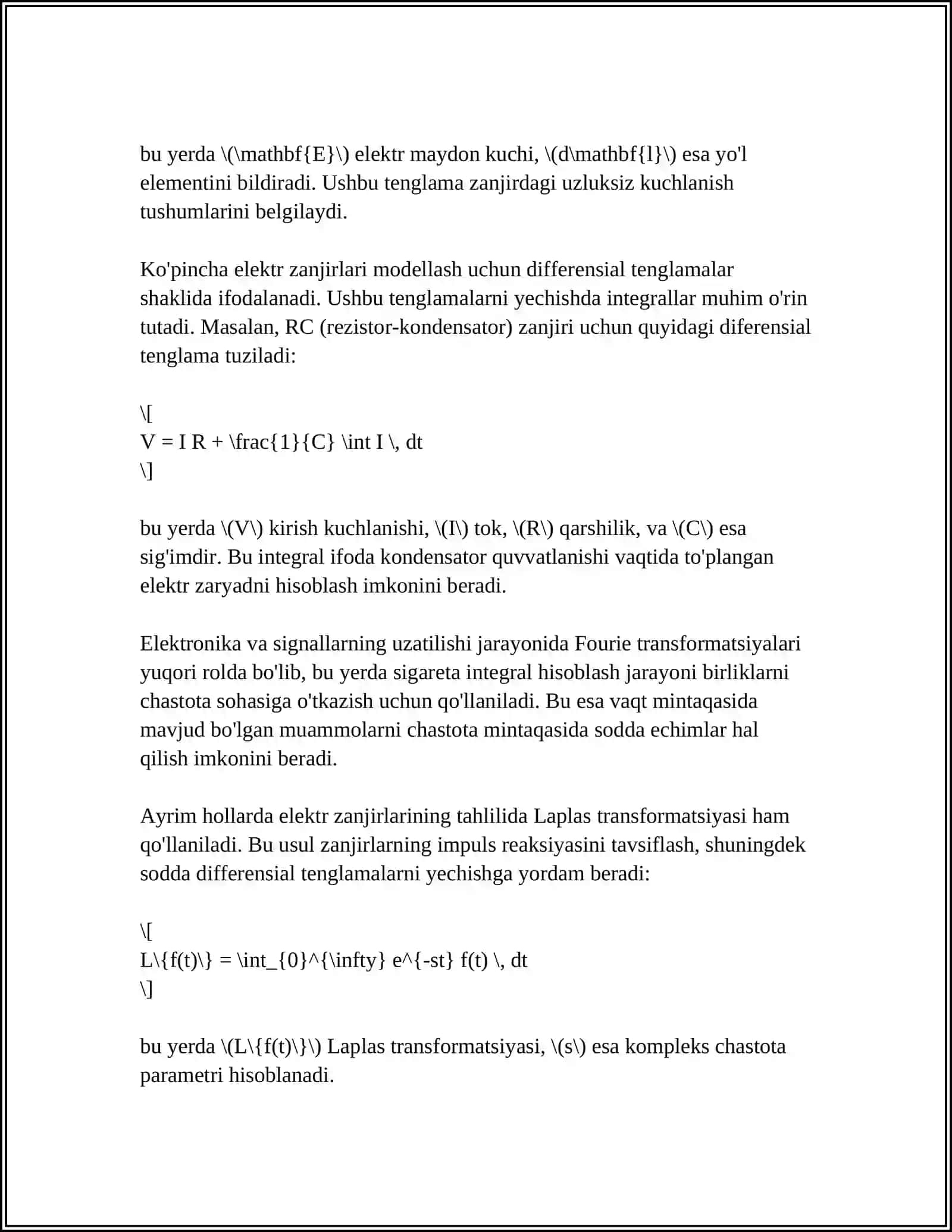 ELEKTR ZANJIRLAR TAHLILIDA INTEGRAL HISOB TATBIQLARI 4