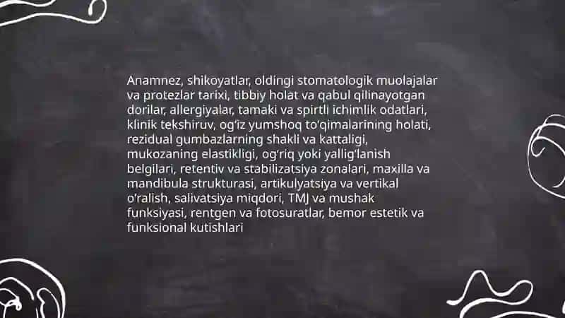 Ortopedik stomatologiyada toʻliq tishsiz jagʻda ikkilamchi adentiyaning sabablari protezga tayyorlash terapevtik va xirurgik davolash bosqichlari 4