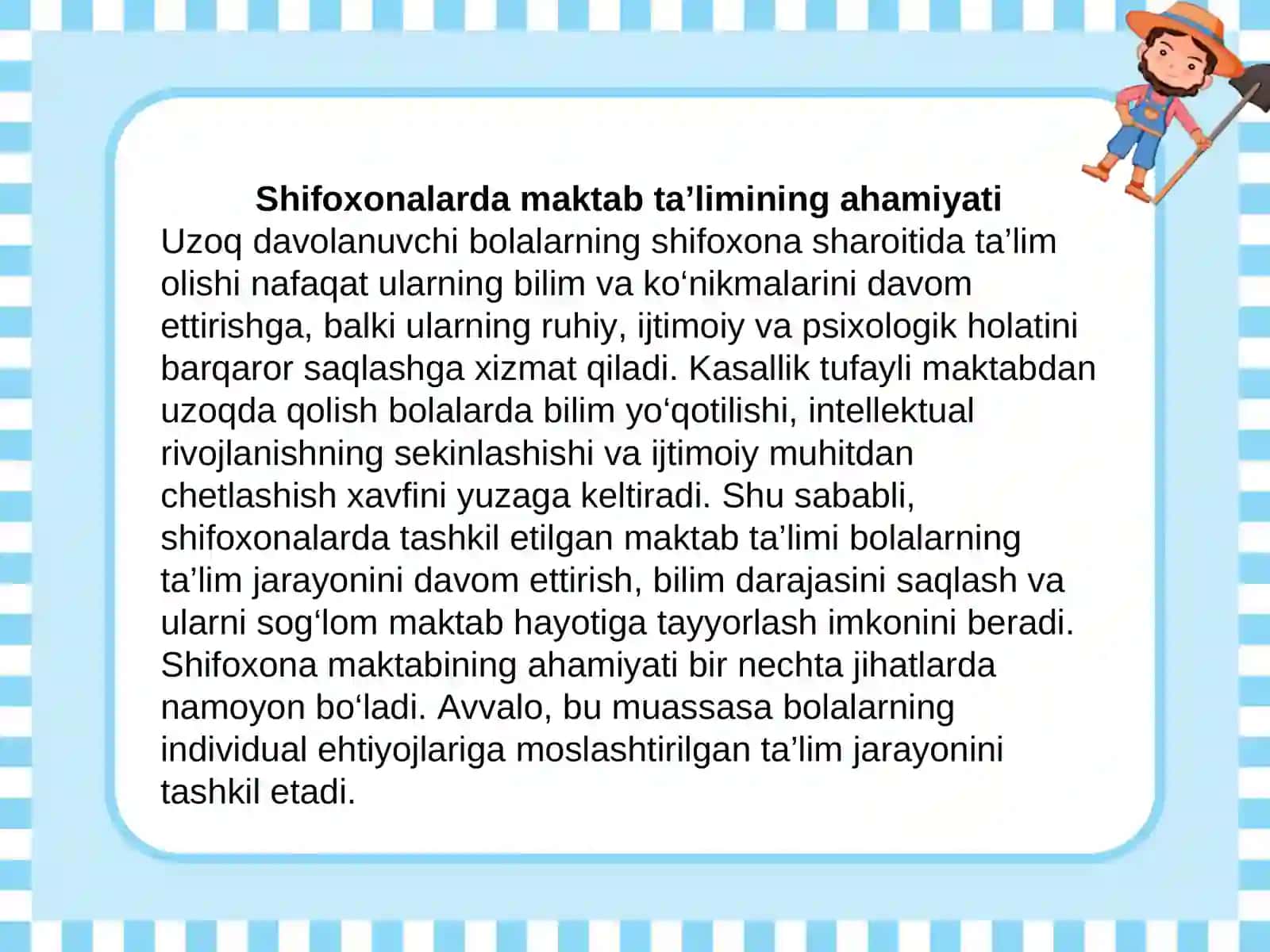 Shifoxonalarda uzoq davolanuvchi maktab oʻquvchilarni samarali taʼlimi uchun ichki sharoitlar. 4