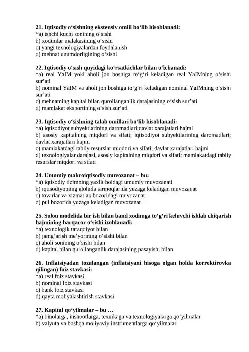Dinamik makroiqtisodiyot fanidan yakuniy nazorat uchun test savollari 4