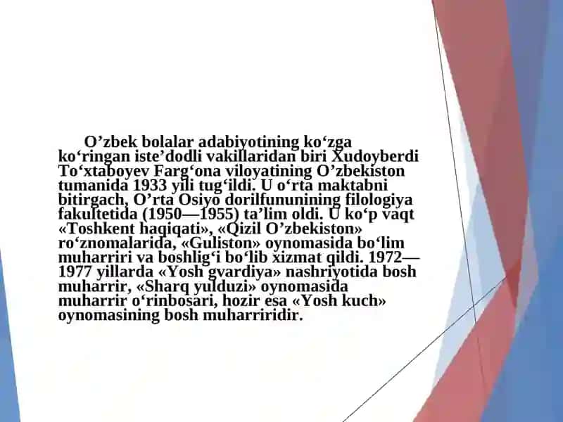 Xudoyberdi Tohtaboyev Bolalarning sarguzasht va romannavis adibi 4