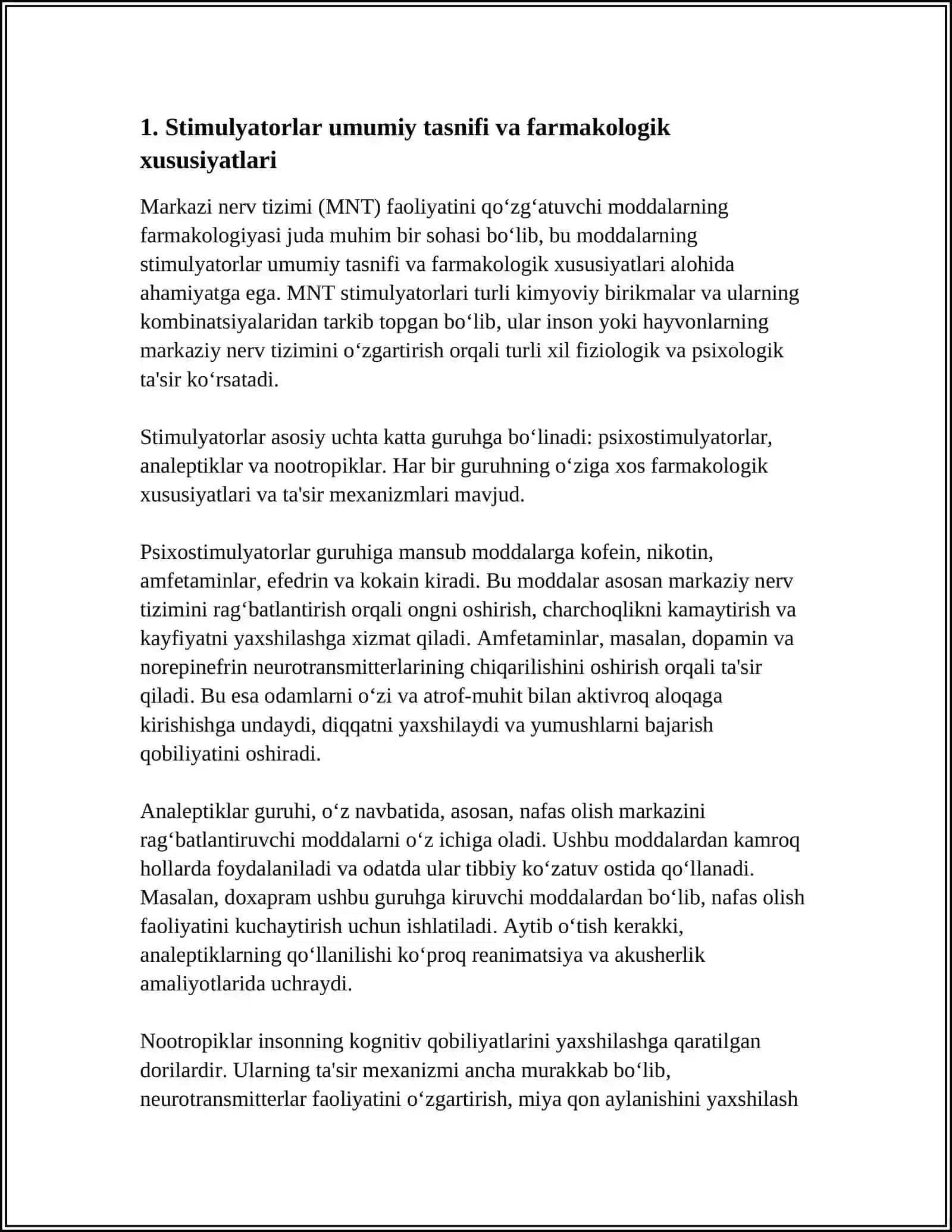 MARKAZI NERV TIZIMI FAOLIYATINI QOʻZGʻATUVCHI MODDALAR FARMAKOLOGIYASI 4