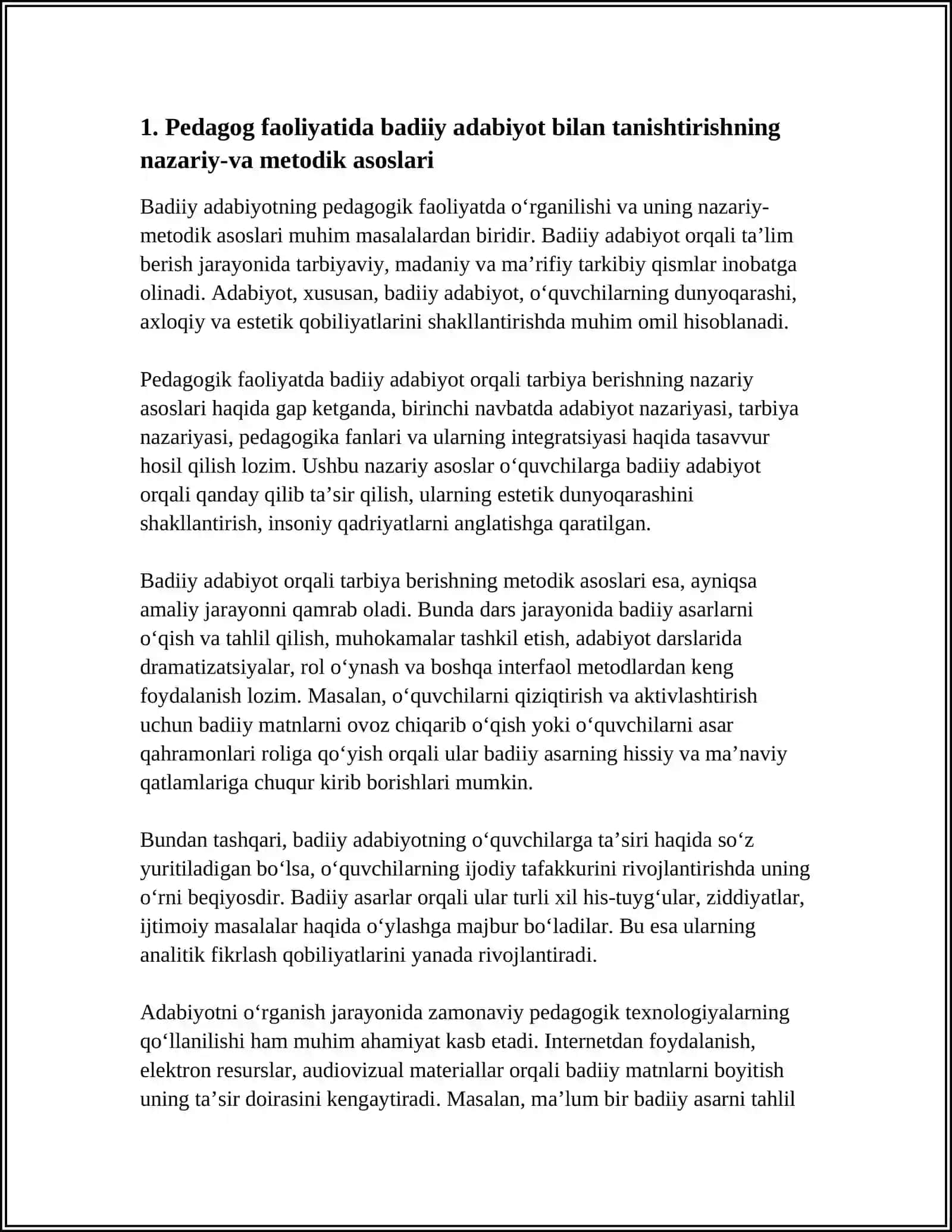 PEDAGOG FAOLIYATIDA BADIIY ADABIYOT BILAN TANISHTIRISH METODIKASI 4