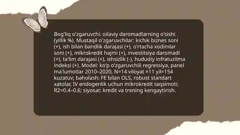 Aholi bandligi va daromadlarini oshirishda kichik biznes va xususiy tadbirkorlik sub'ektlari ko‘rsatkichlarini ekonometrik tahlil qilish. 4