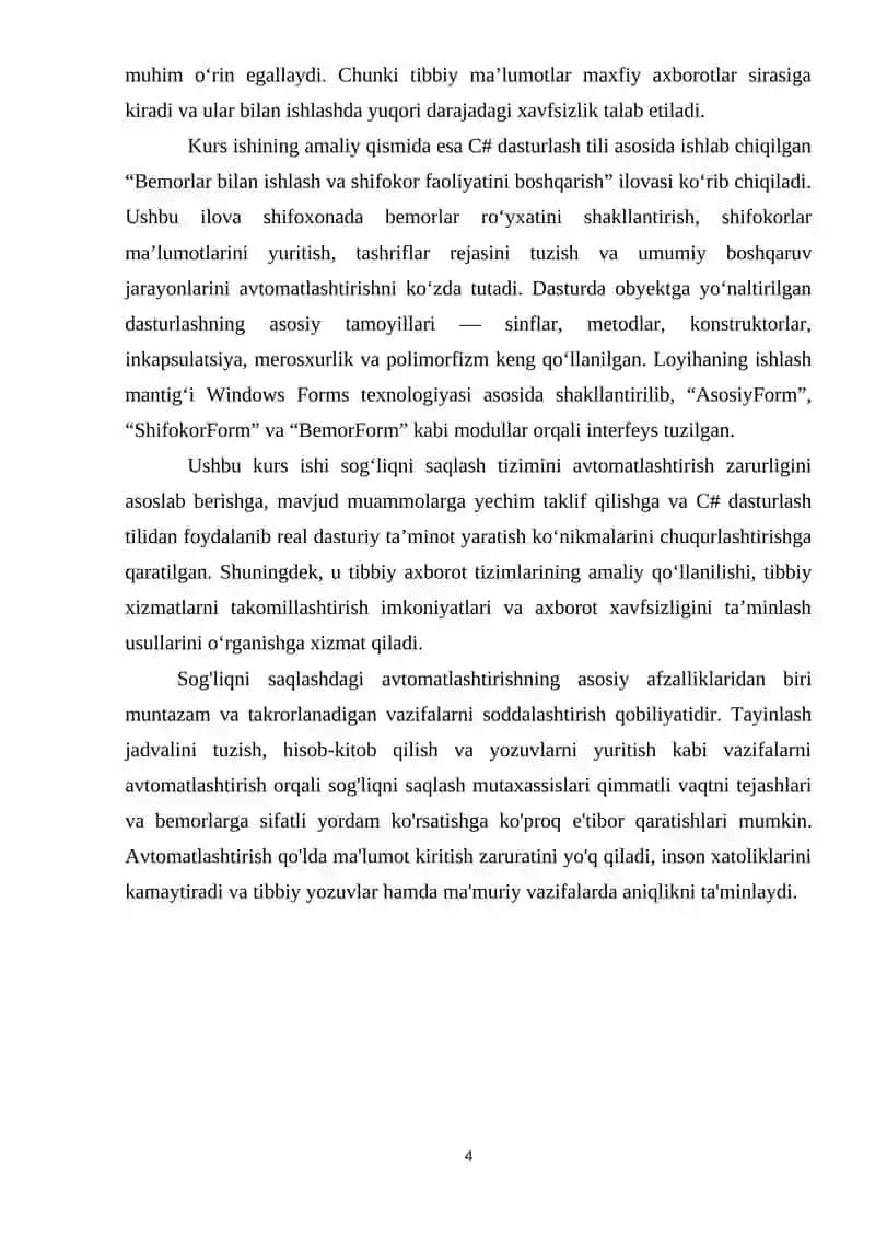 Tibbiy xaizmatlarni boshqarish va bemor monitoringi tizimi yaratish mavzusida 4