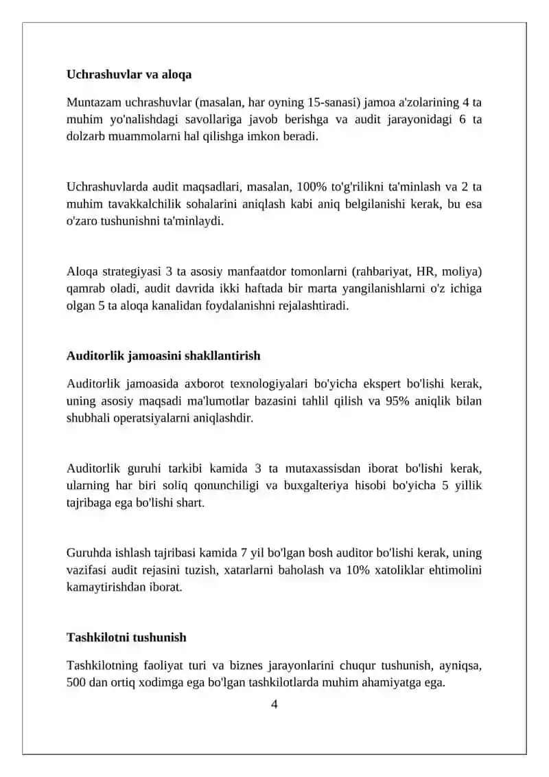 Mehnat haqi bo'yicha hisob-kitoblar auditini rejalashtirish bosqichi 4