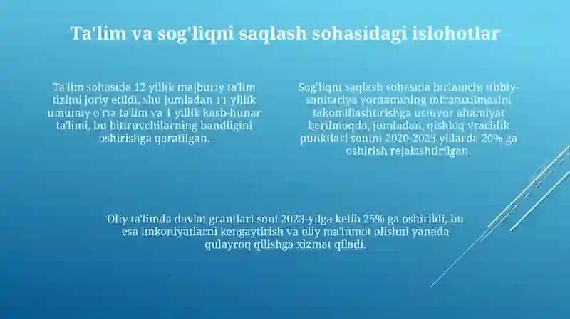 Oʻzbekistonda ijtimoiy sohada amalga oshirilayotgan islohotlar mazmun va mohiyati 4