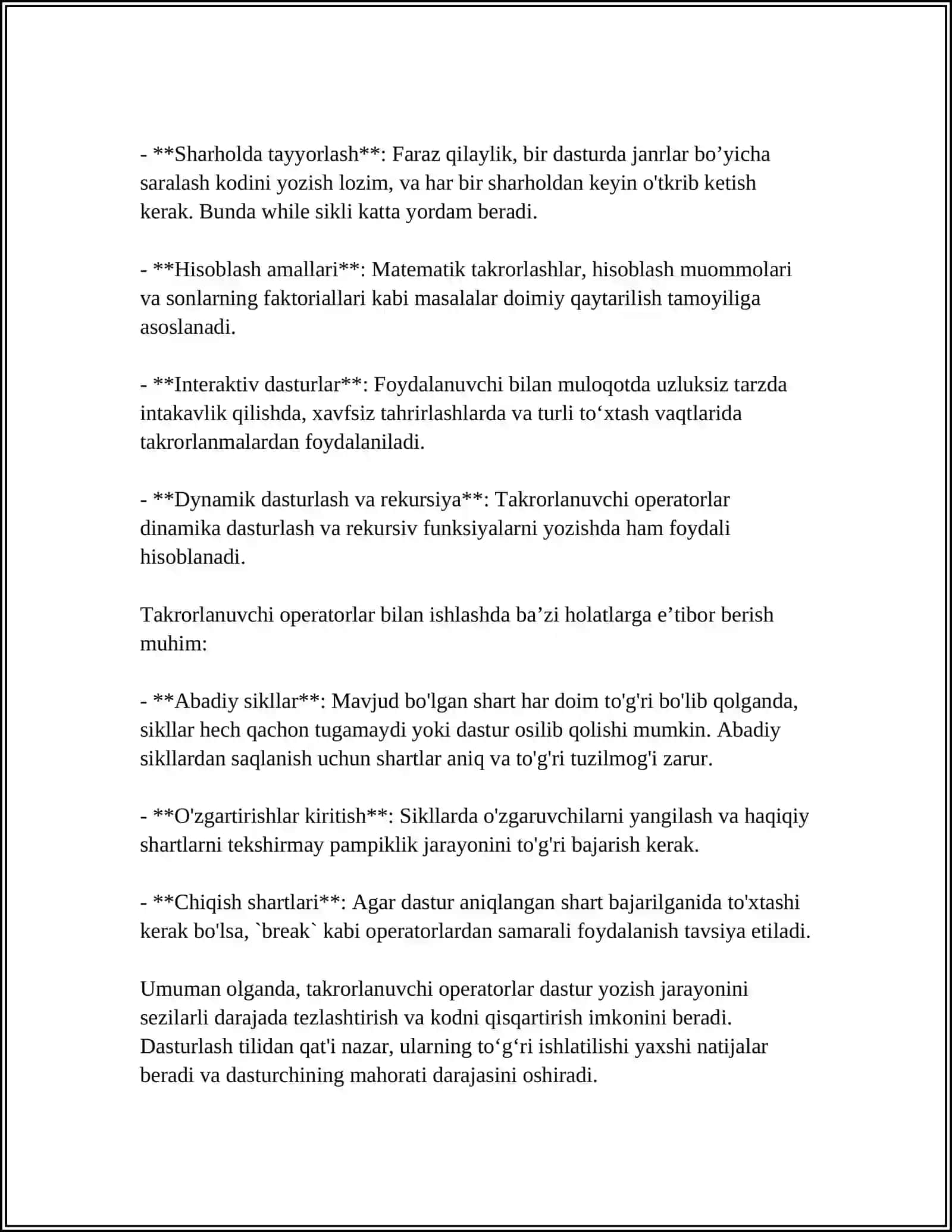 TAKRORLANUVCHI OPERATORLAR, BREAK, CONTINUE OPERATORLARI VA ULAR YORDAMIDA DASTURLAR TUZISH 4