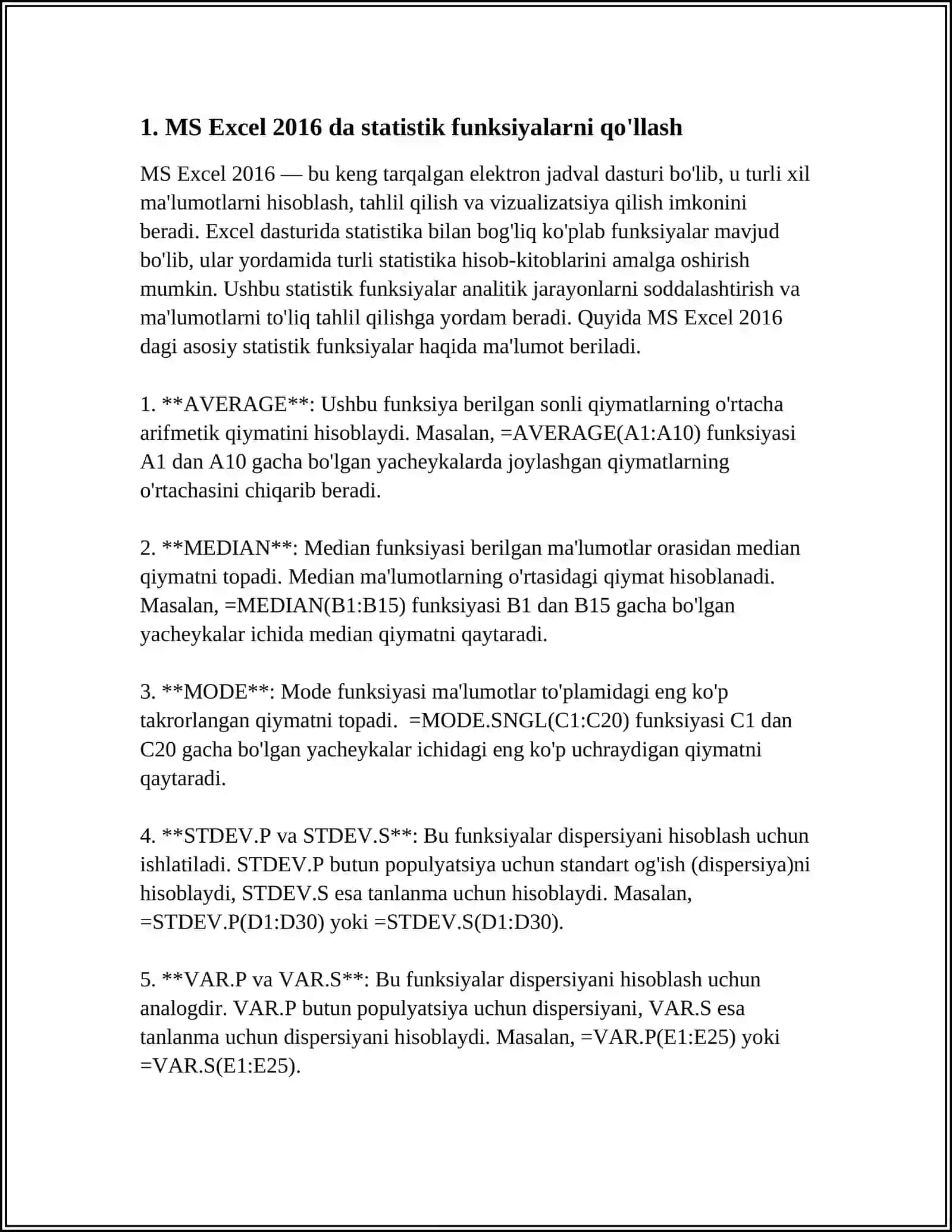 MS EXCEL 2016 DASTURINING STATISTIK TAHLILLAR QILISH VA YECHIMLAR QIDIRISH FUNKTSIYALARI BILAN ISHLASH 4