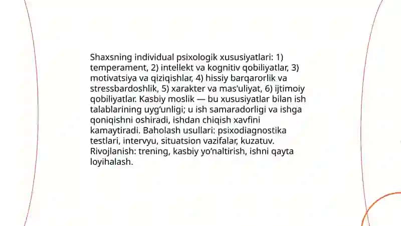 Kasbiy moslik va shaxsning individiula pisixalagik xususiyatlari Turdimamatova farog'at 4