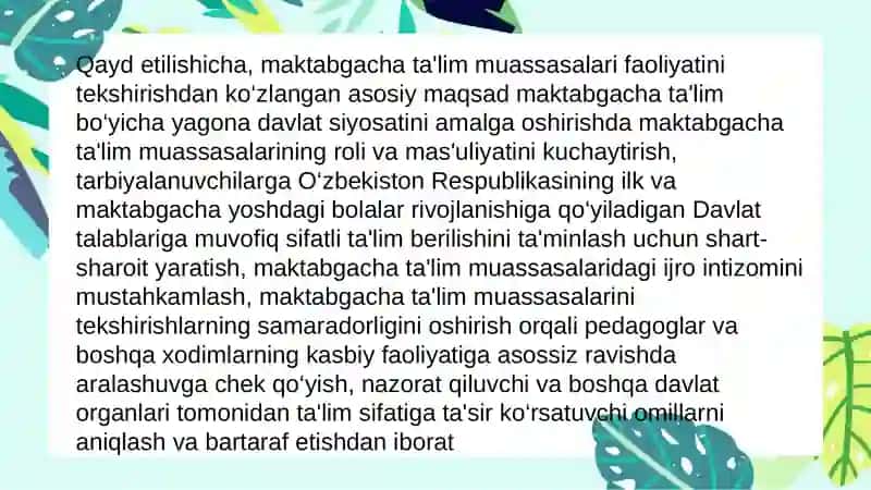 Maktabgacha ta’ilm tashkilotlari faoliyatini tekshirishning maqsad va vazifalari 4