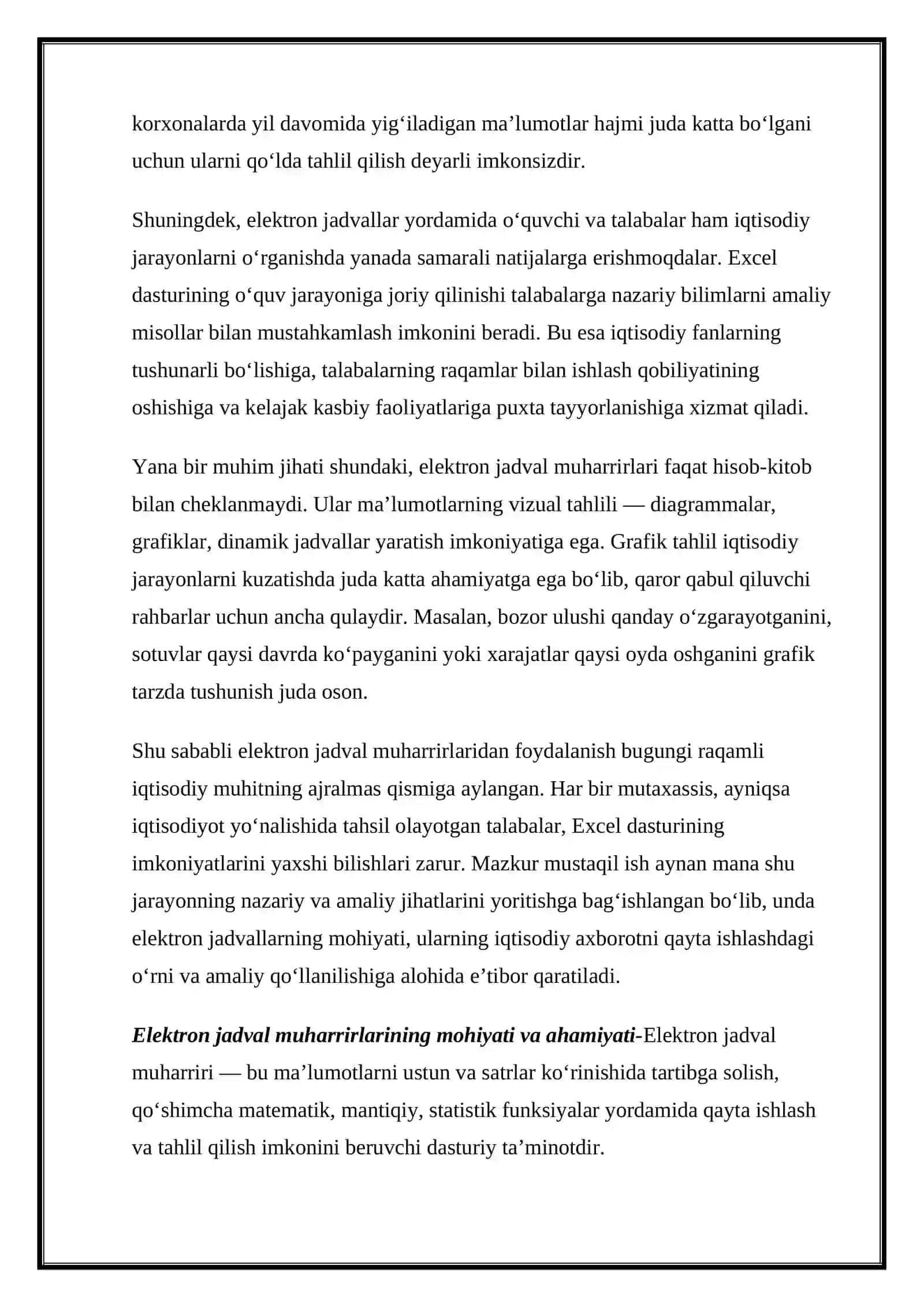 MUSTAQIL ISHI Mavzu:Iqtisodiy axborotni qayta ishlash uchun elektron jadval muharrirlaridan foydalanish 4