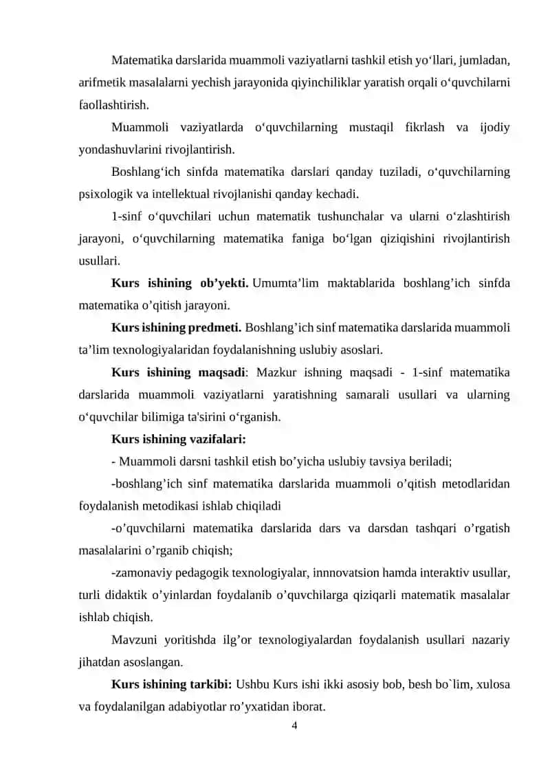 BОSHLANG`ICH SINFLARDA MATЕMATIKA  TA’LIM DA MUAMMOLI VAZIYATLARNI  TASHKIL ETISH IMKONIYATLARI (1-SINF MISОLIDA). 4
