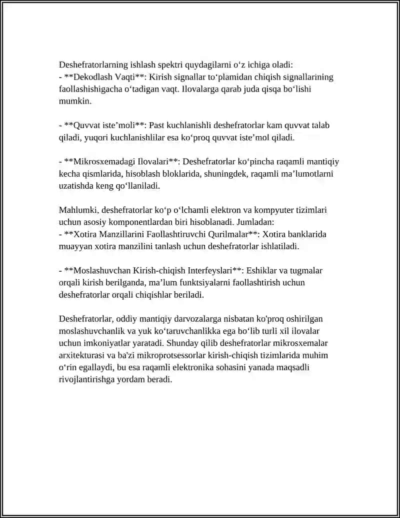 MIKROSXEMADAGI DESHEFRATORLARNING TEXNIK KOʻRSATKICHLARI VA TADBIQI 4