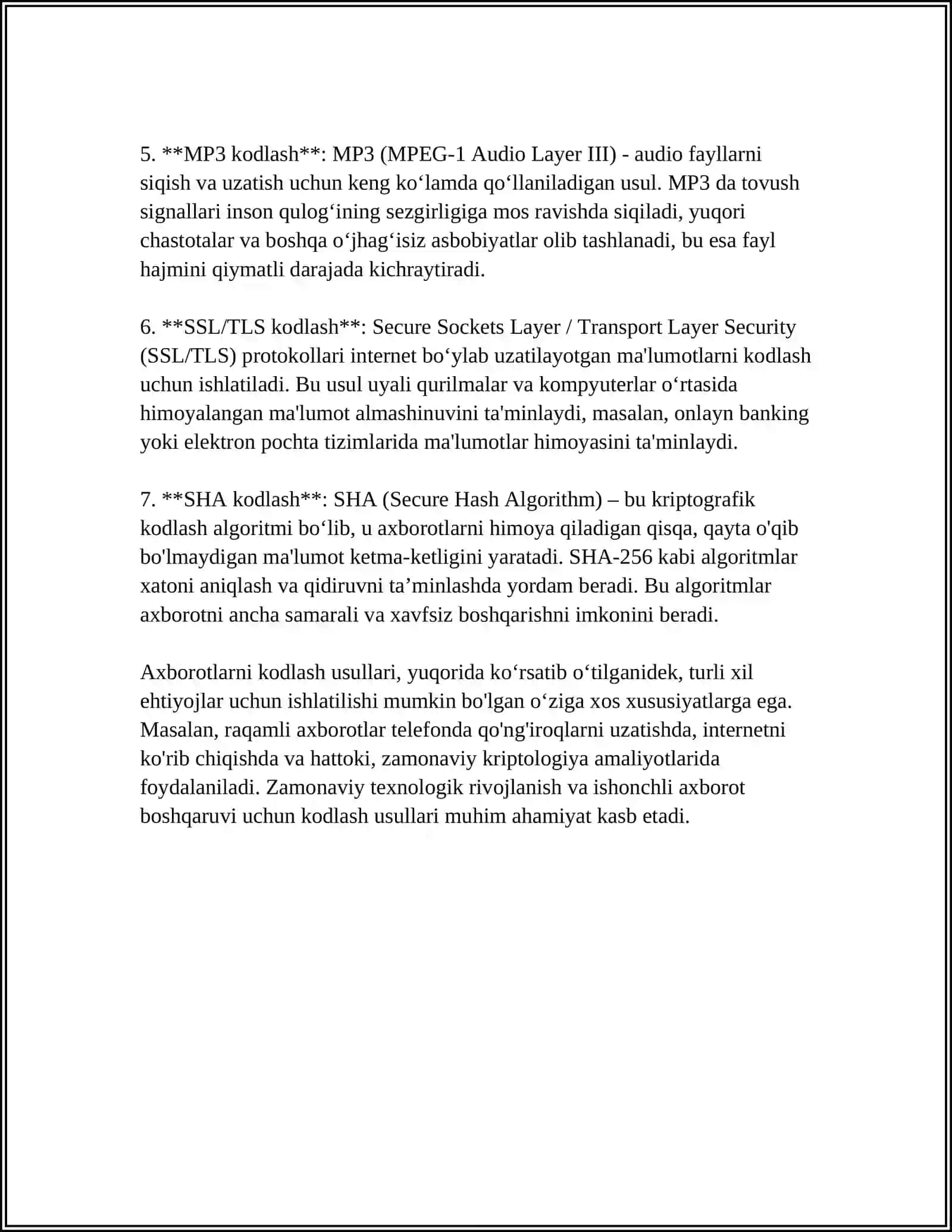 AXBOROTLARNI QAYTA ISHLASH LEXNOLOGIYALARI. AXBOROTLARNI KODLASH 4