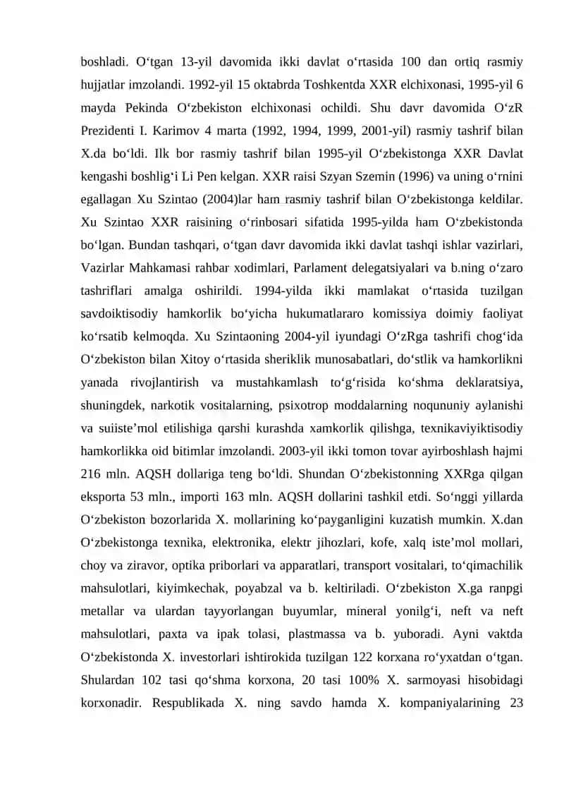 Oʻzbekiston va Xitoy Xalq Respublikasi munosabatlari 4