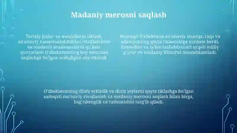 Mustaqillik yillarida oʻzbekistonda manaviy madaniy taraqqiyot 4
