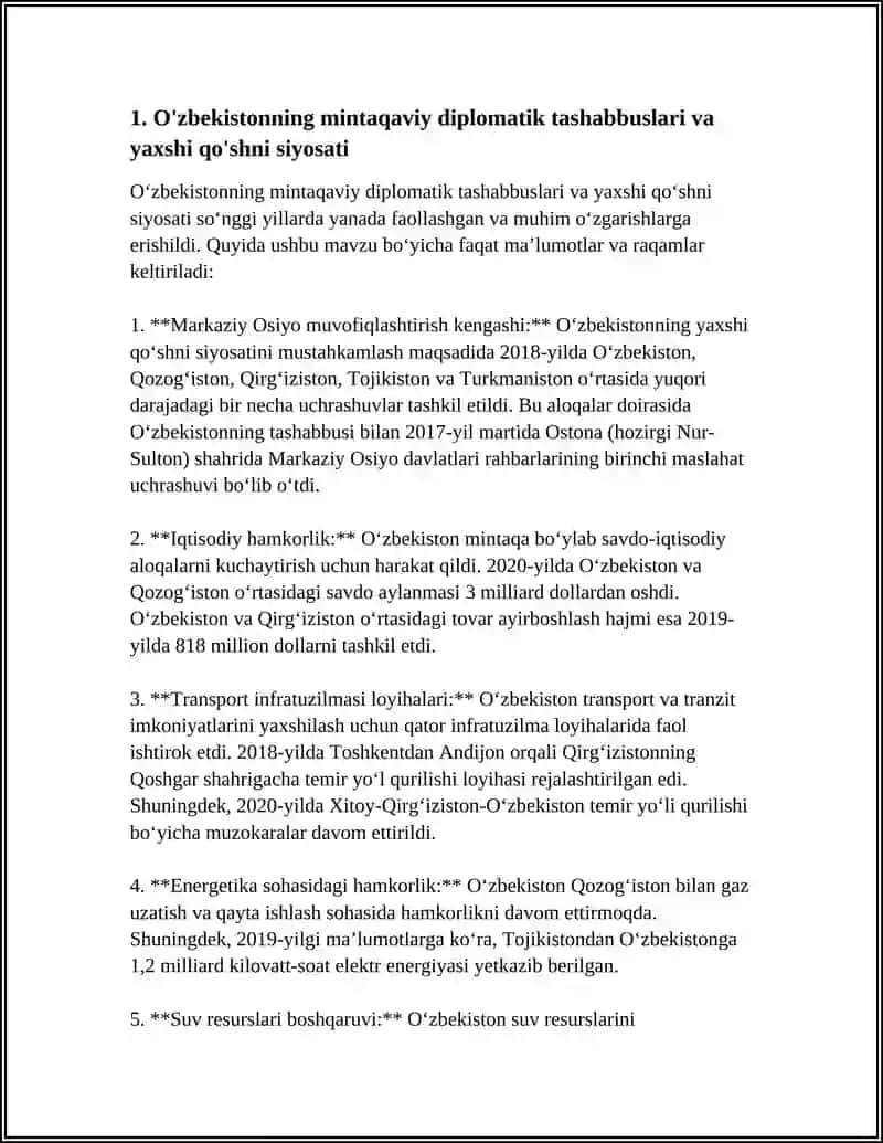O'ZBEKISTONNING MARKAZIY OSIYODA TINCHLIK VA BARQARORLIKNI TAMINLASHDAGI O'RNI 4