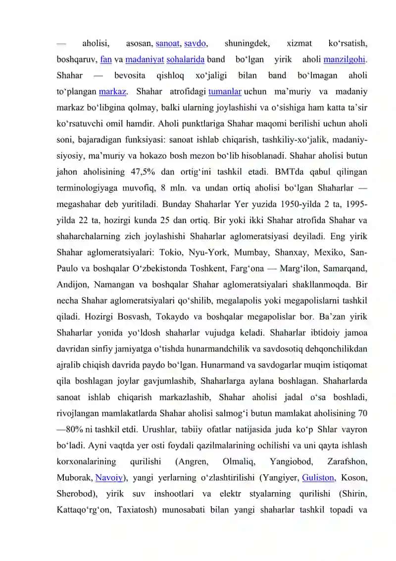 Shaharlar geografiyasi. Mustaqil ish. 4