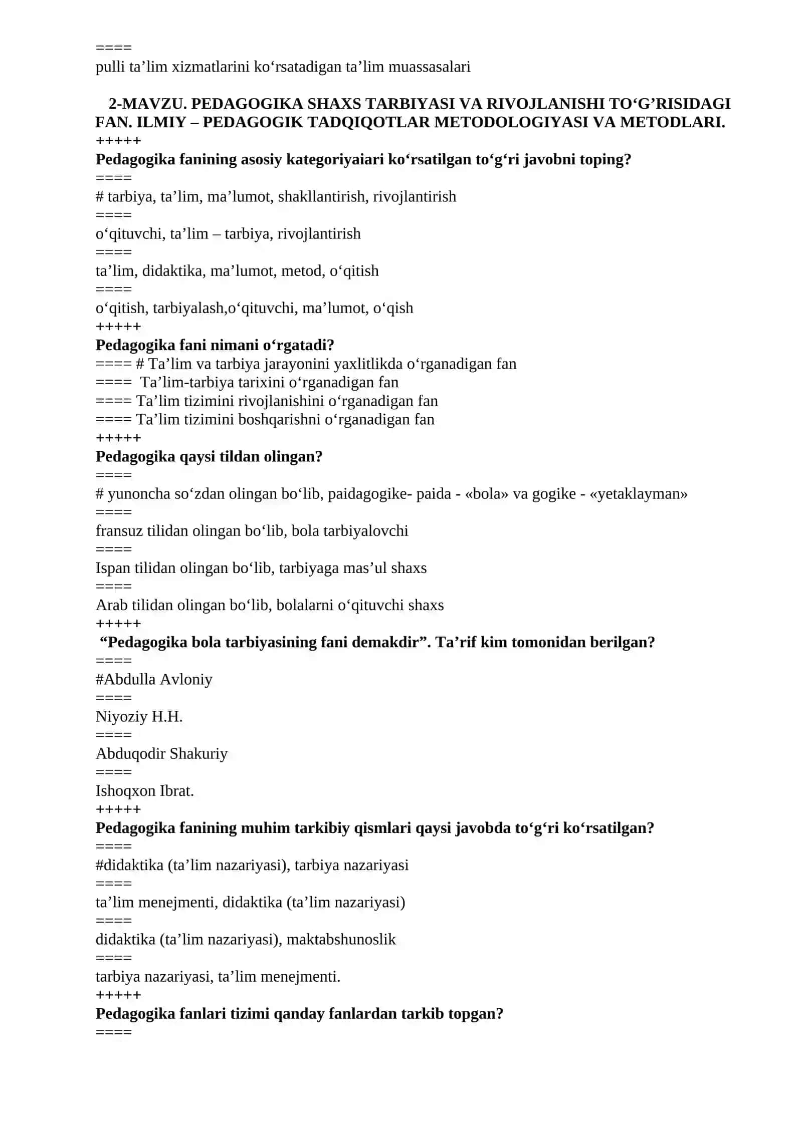 Umumiy pedagogika va psixologiya fanidan test savollari 4