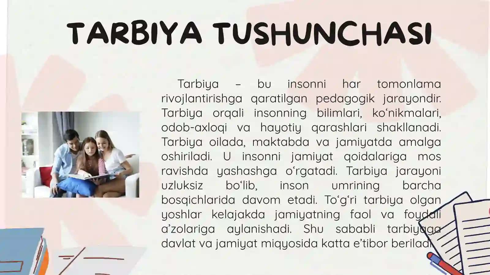 Tarbiyaning turlarihaqida tushuncha. Aqliy tarbiyaningmazmuni. Boshlang'ichta'limda ma'naviy-axloqiytarbiya shaxsdunyoqarashinishakllantirishningmuhim omili 4