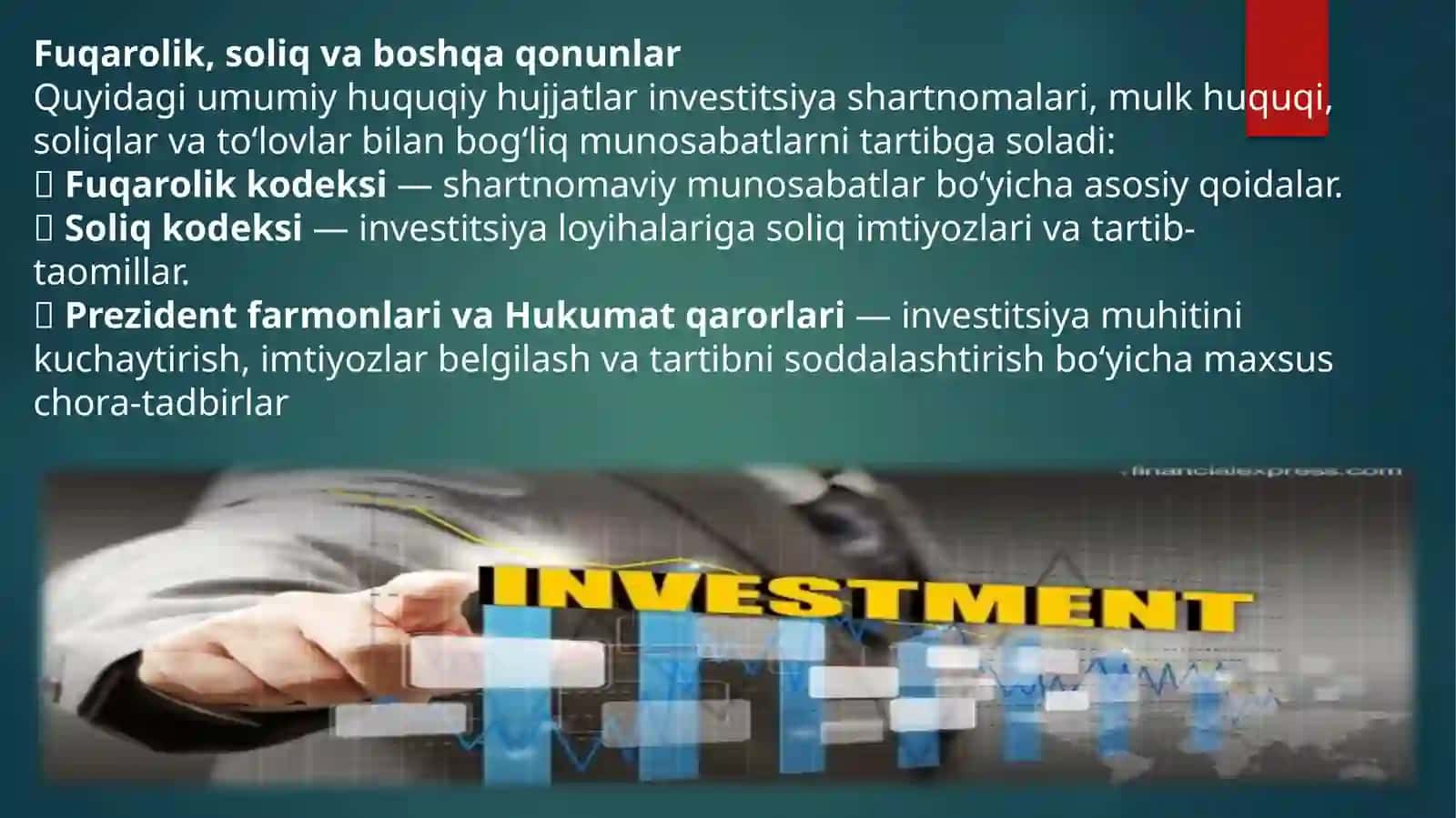 Investitsiyafaoliyatini qo'llab quvatlovchi huquqiy hujjatlar 4