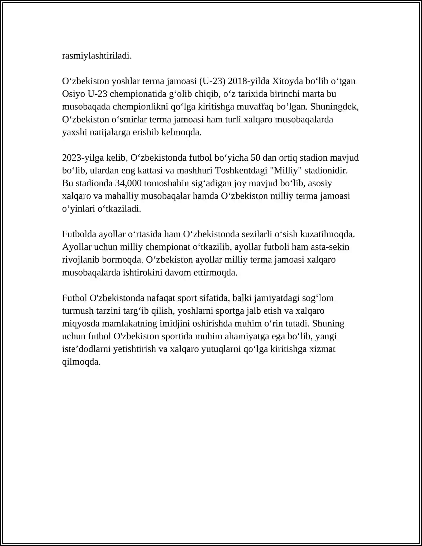MUSTAQIL ISH Mavzu: OZBEKOSTONDA SPORT 4