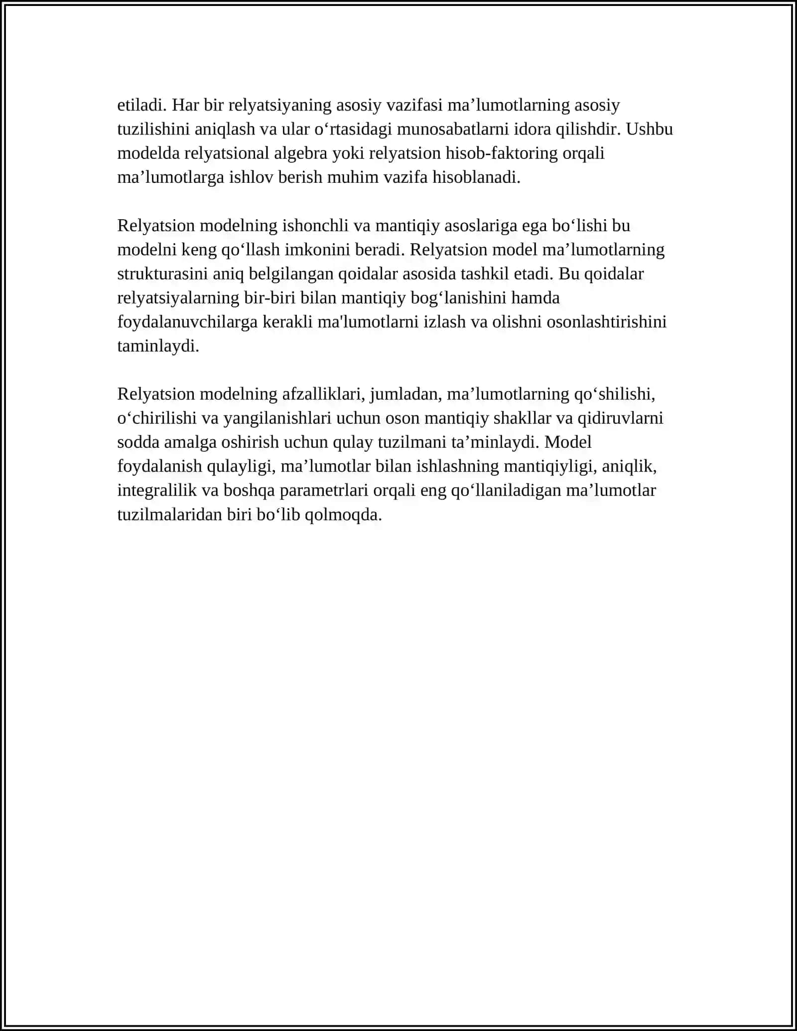 RELYATSION MODEL ASOSLARI, OBYEKTLARNI RELYATSION MODEL ASOSIDA BAYON ETISH 4