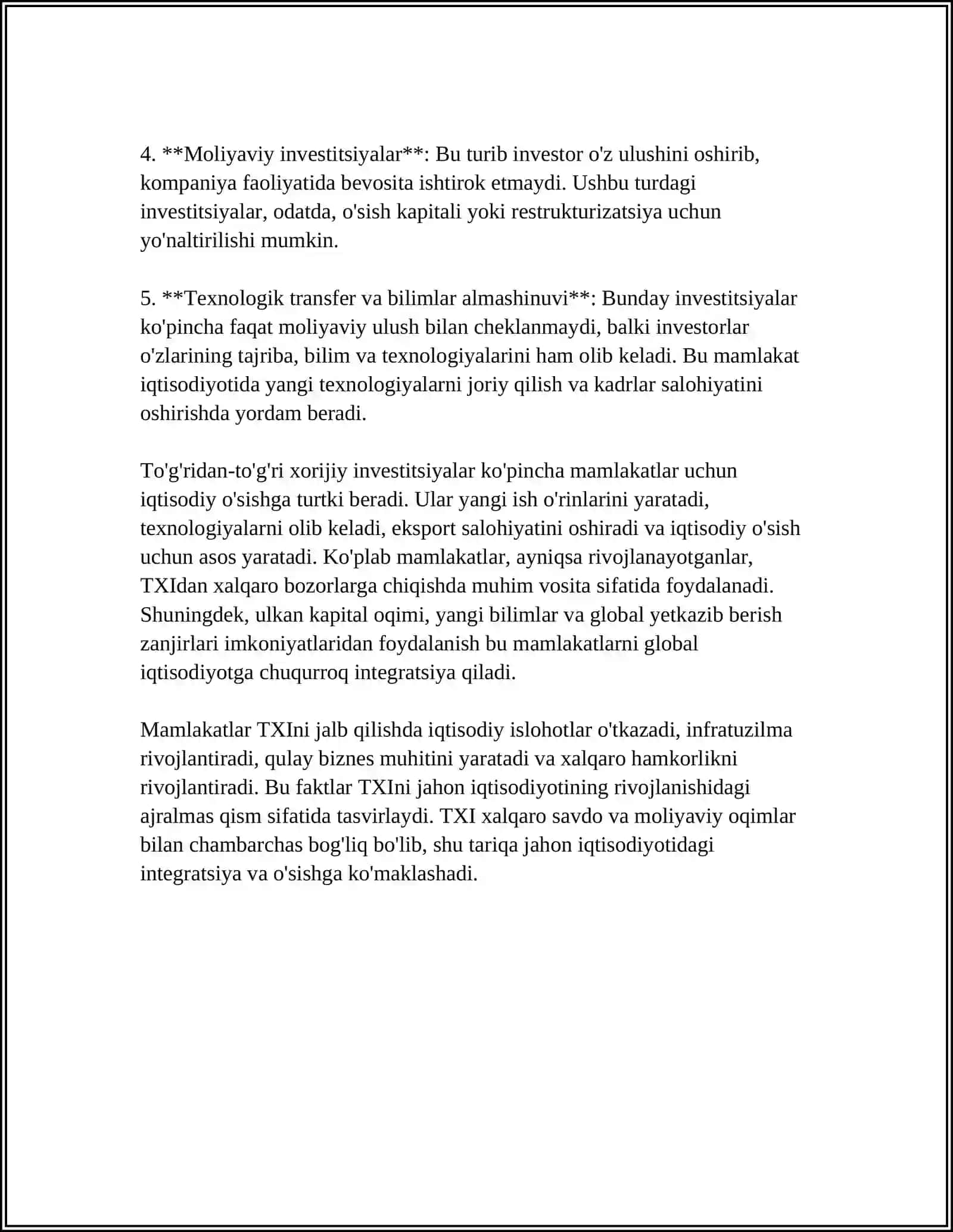 TOʻGʻRIDAN-TOʻGʻRI XORIJIY INVESTITSIYALAR VA ULARNING JAHON IQTISODIYOTIDAGI OʻRNI 4