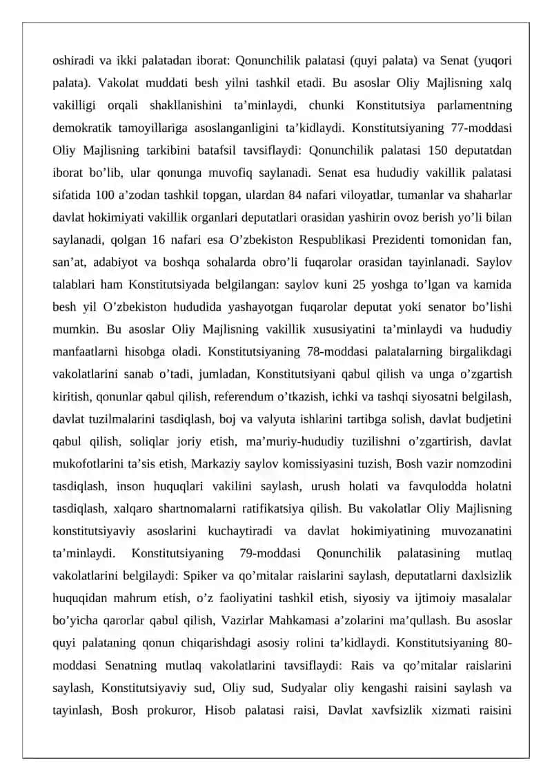 Oliy Majlisning davlat hokimiyati tizimidagi o’rni va vazifasi 4