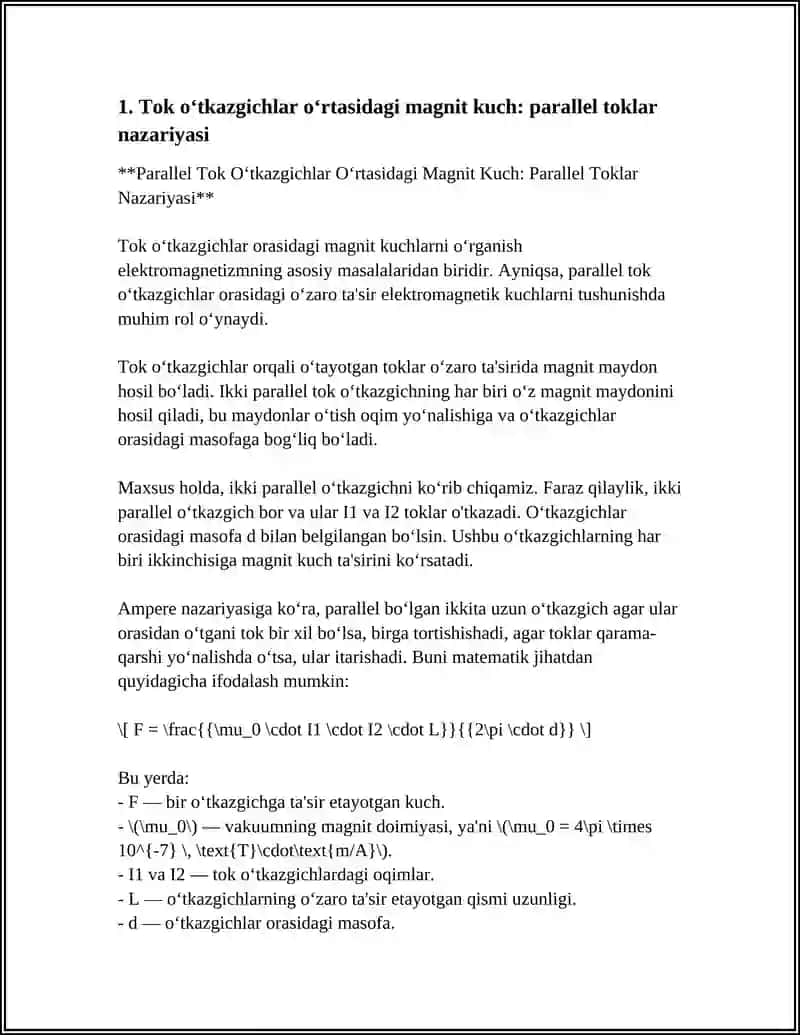 Parallel Tok O‘tkazgichlar O‘rtasidagi Magnit Kuch: Parallel Toklar Nazariyasi 4