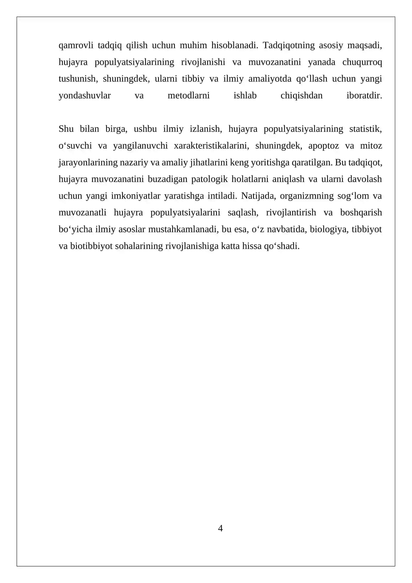 HUJAYRA POPULYATSIYALARININGSTATISTIK ,ÒSUVCHI,YANGILANUVCHI. APOPTOZ DASTURLASHTIRILGAN HUJAYRA ÒLIMI VA MITOZ AKSI 4