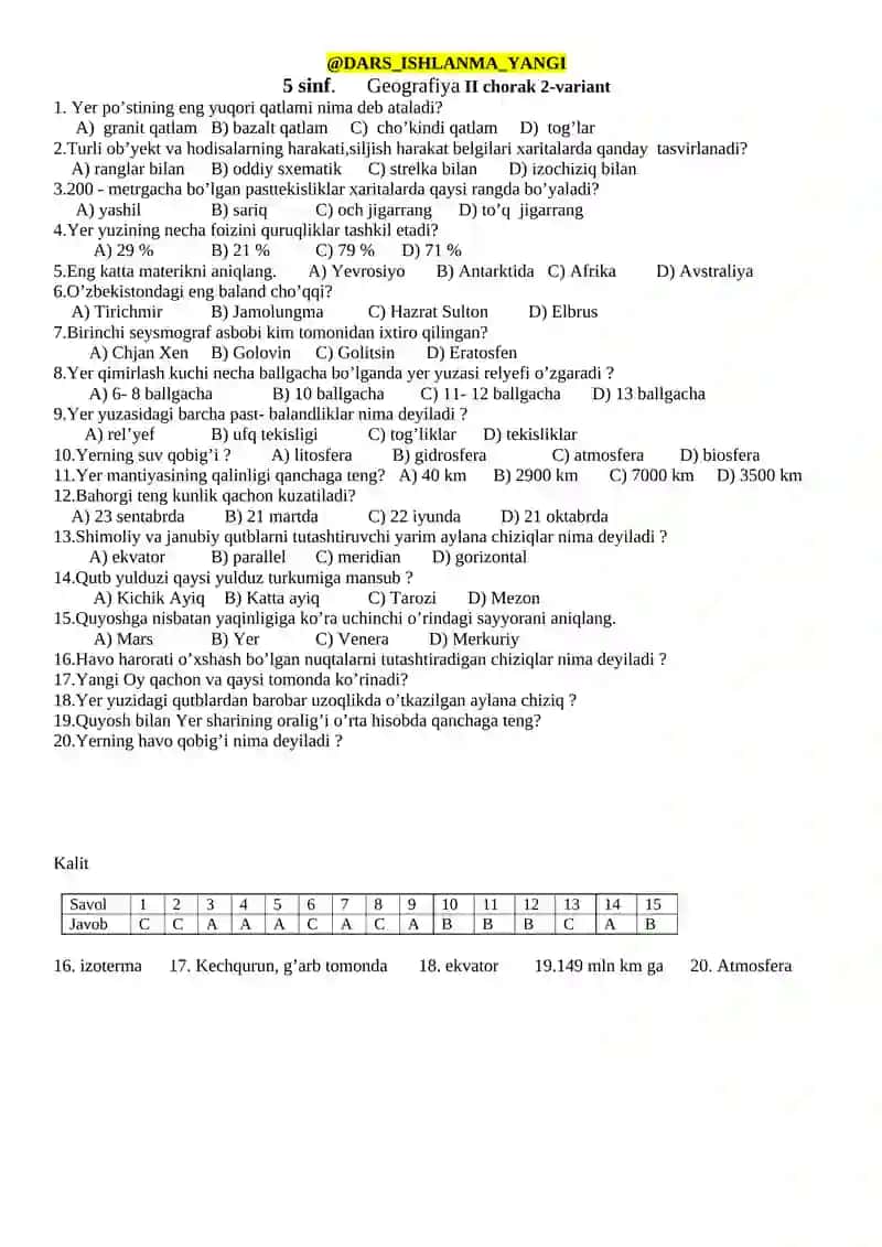 5 sinf. Geografiya 1-variant I chorak 4