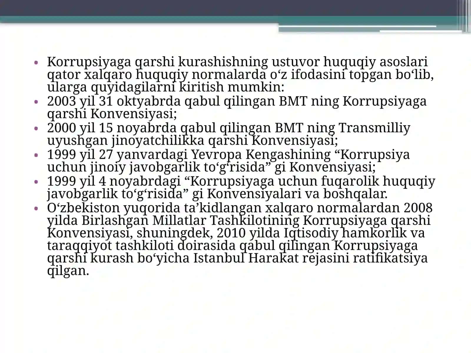 Korrupsiyaga qarshi kurashish bo'yicha xalqaro qonun va huquq mexanizmlari 4