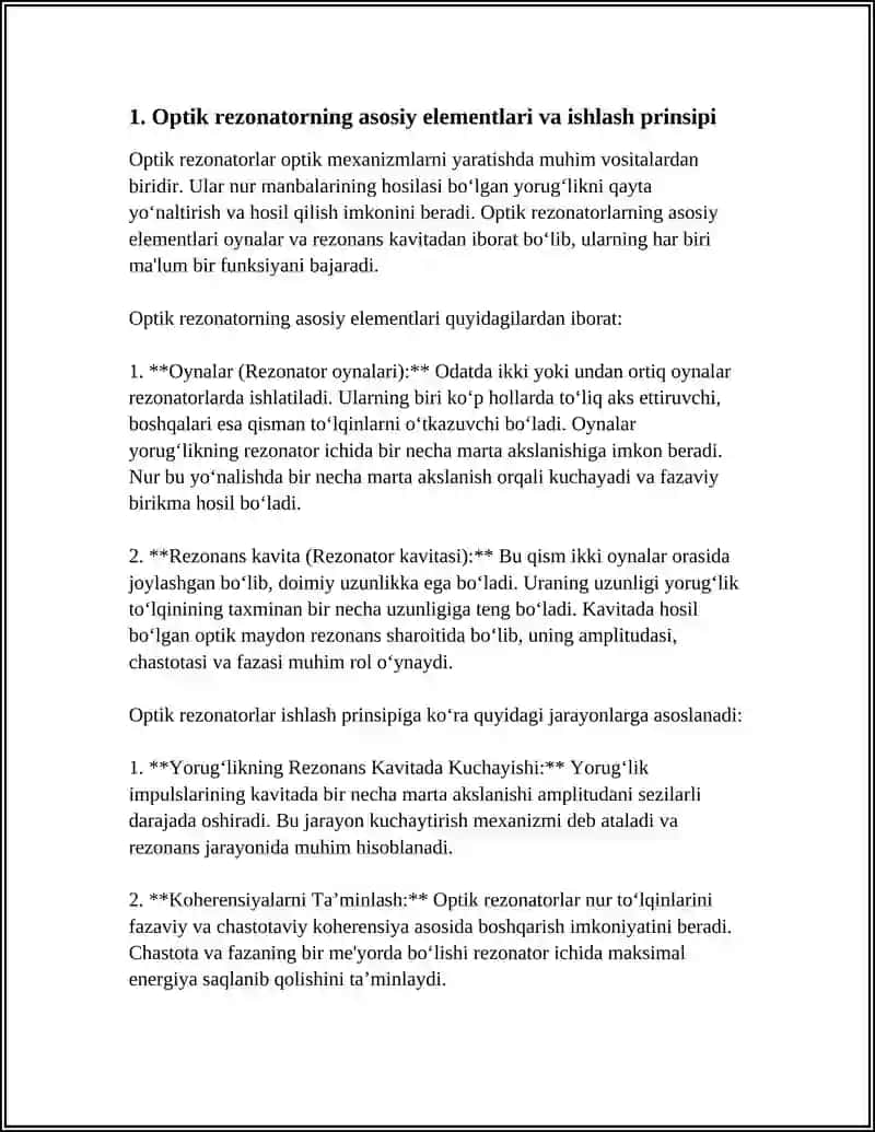 OPTIK REZONATORNING ELEMENTAR NAZARIYASI. MO‘DALAR SINXRONIZATSIYASI VA PIKOSEKUND IMPULSLAR GENERATSIYASI 4