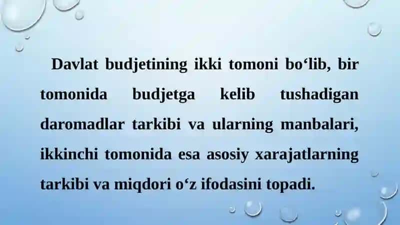 Davlat budjeti – bu davlat daromadlari va xarajatlar hamda ularni moliyaviy qoplash manbalarining yillik rejasidir 4
