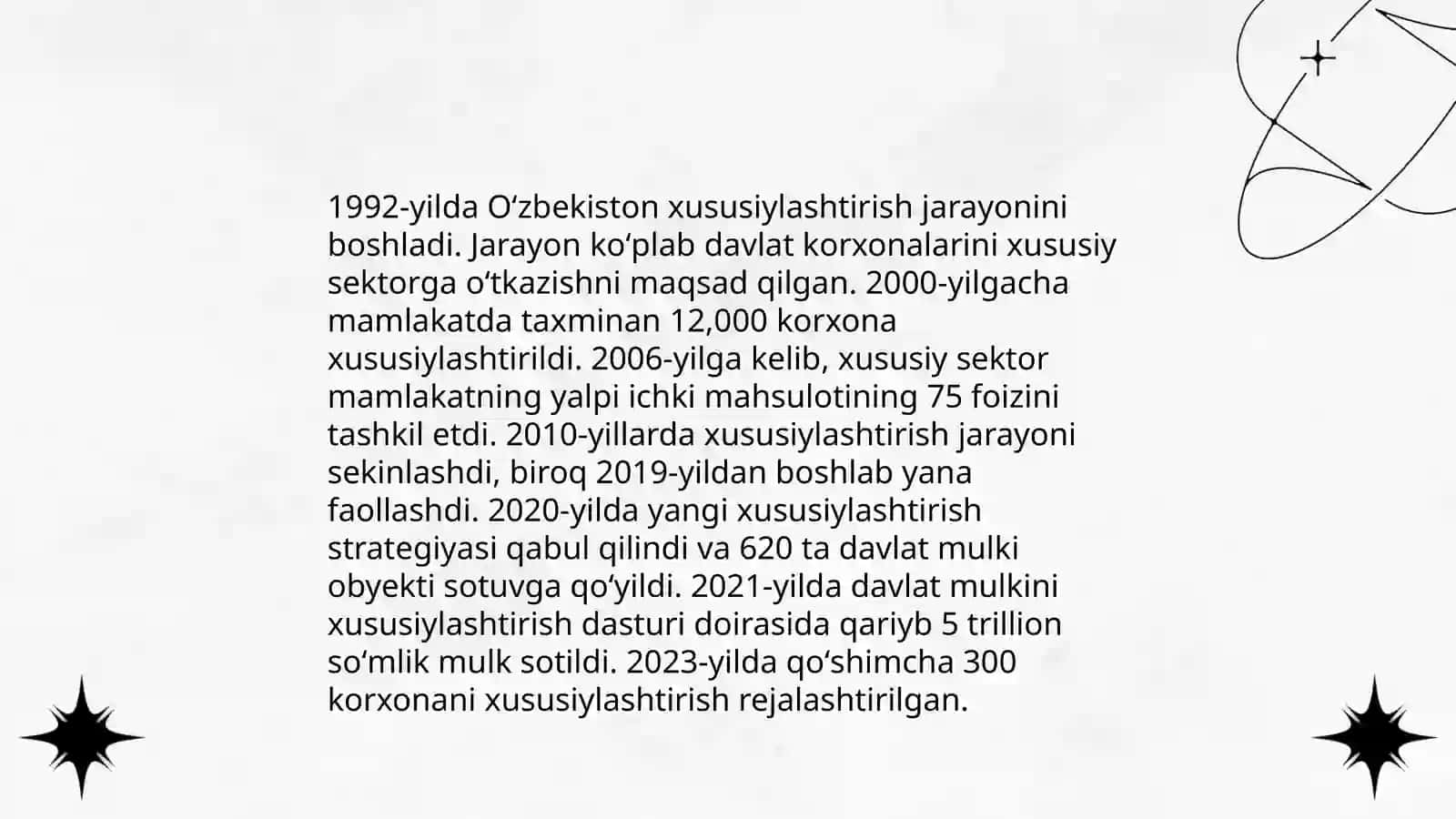 Iqtisodiy islohotlar, xususiy mulkchilikning shakllanishi. Oʻzbekistonda bozor munosabatlarining rivojlanishi 4