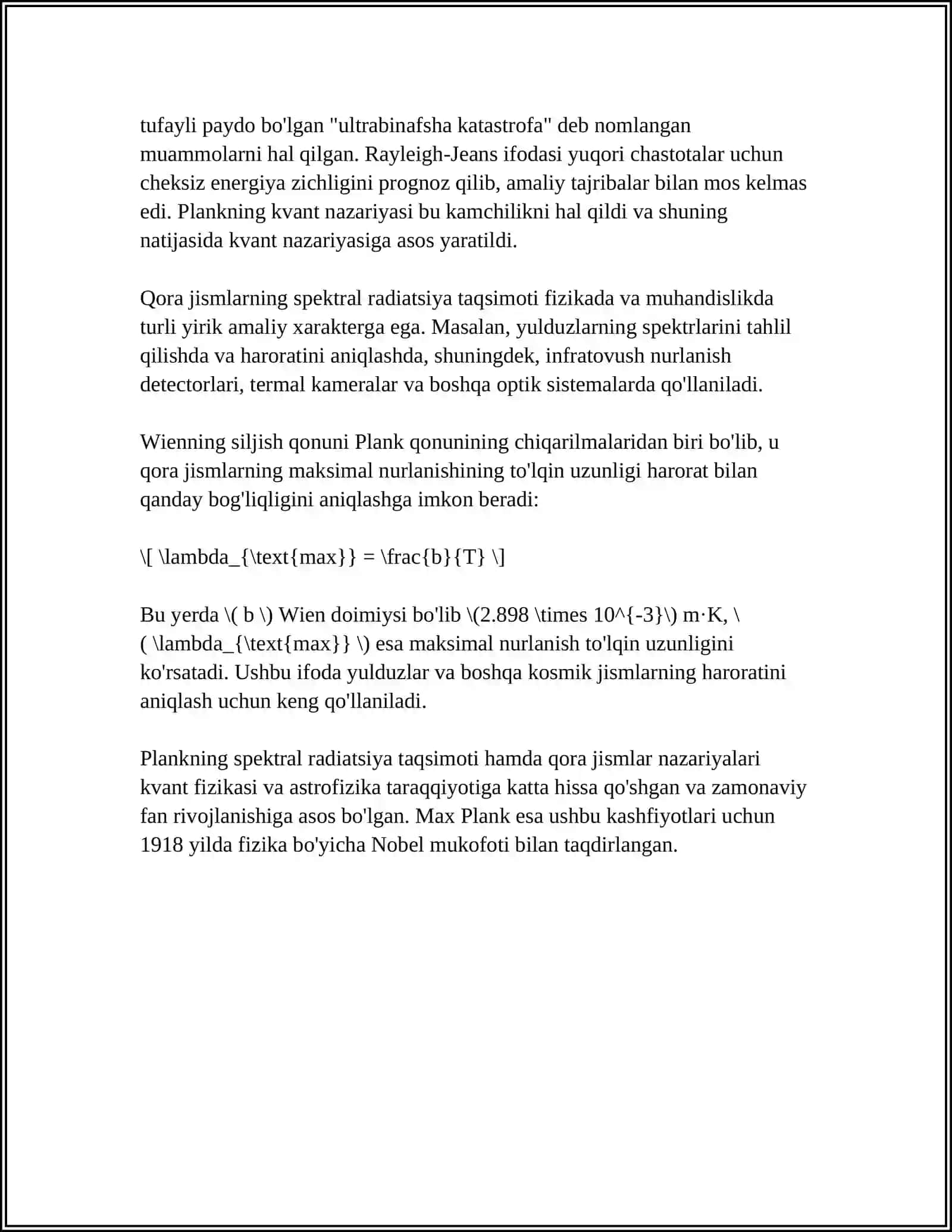 NURLI ISSIQLIK ALMASHINUVI PLANK, VIN, STEFAN -BOLSMAN, KRIXGORF, LAMBERD QONUNLARI 4