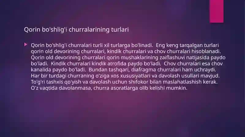 Qorin old-yon devori rivojlanish Qorin bo‘shlig‘i ichki churralari.nuqsonlarida operatsiyalar.Qorinparda bo‘shlig‘ini taftish qilish . Qorin parda bo‘shlig‘i bitishma kasalligi muammosi 4