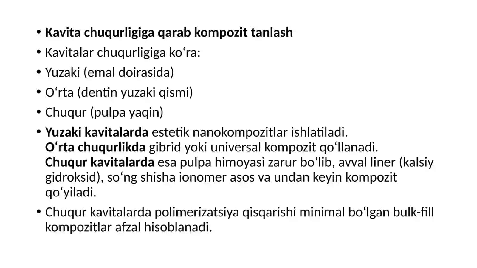 TISH QATTIQ TO’QIMALARI KASALLIKLARIDA NUQSONNING JOYLASHUVI VA CHUQURLIGIGA QARAB PLOMBA KOMPAZIT ASHYOLARNI TANLASH MEZONLARI 4