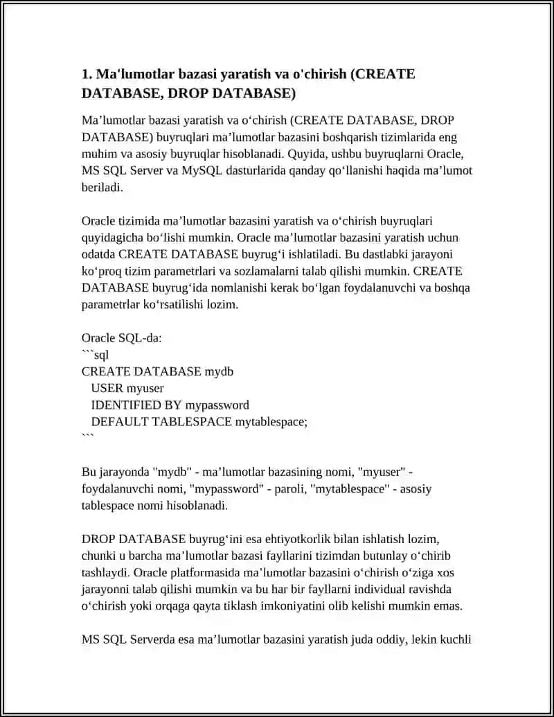 MA’LUMOTLAR BAZASINI BOSHQARISH TIZIMINING ORACLE, MS SQL SERVER VA MYSQL DASTURLARIDA FOYDALANILADIGAN SQL-TARTIBLANGAN SO‘ROVLAR TILINING ASOSIY BUYRUQLARI 4