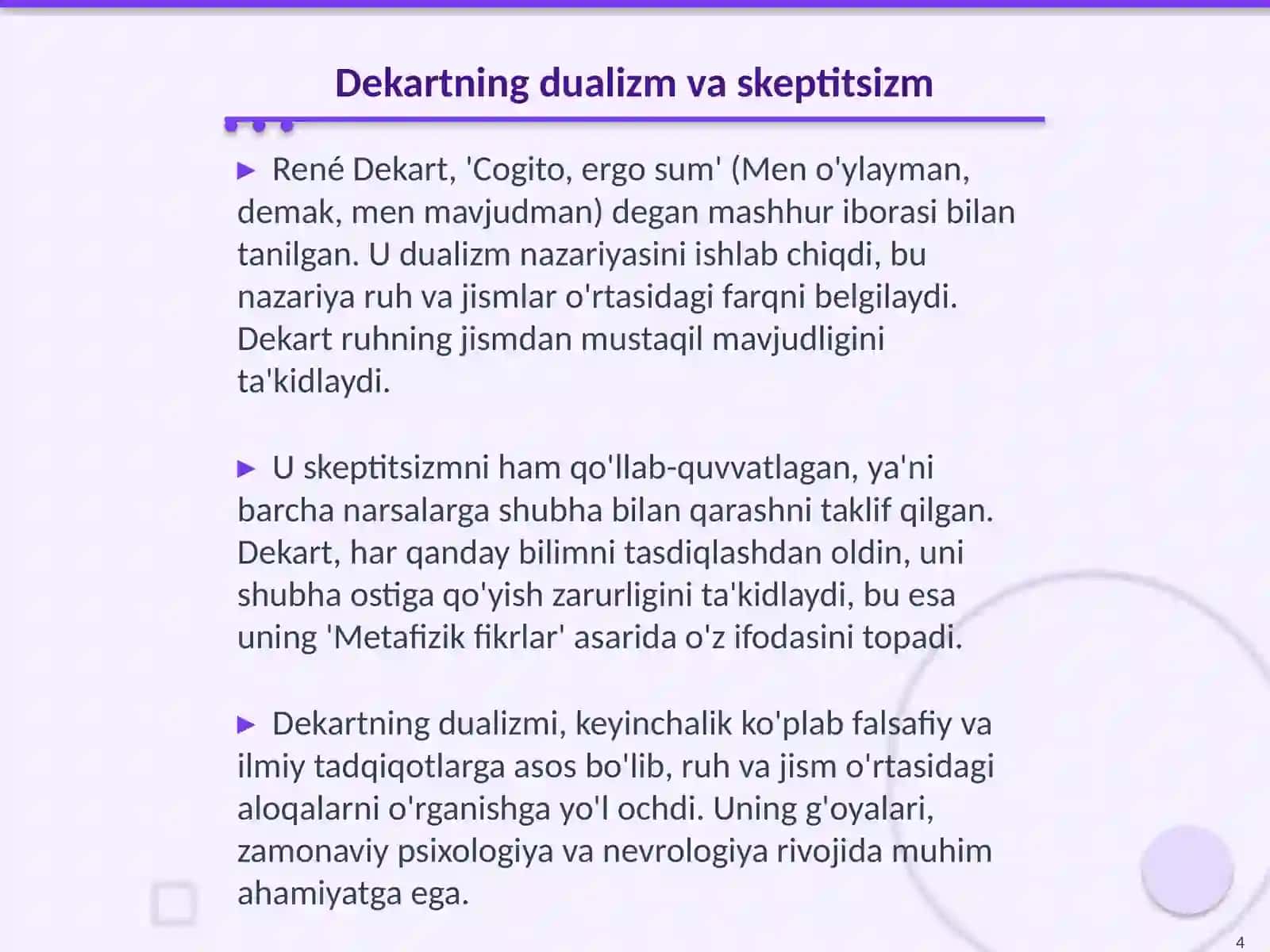 Yevropa mutafakkirlari Platon, I.Kant, R.Dekart, D.Yumning falsafaga oid qarashlarini qiyosiy tahlili 4