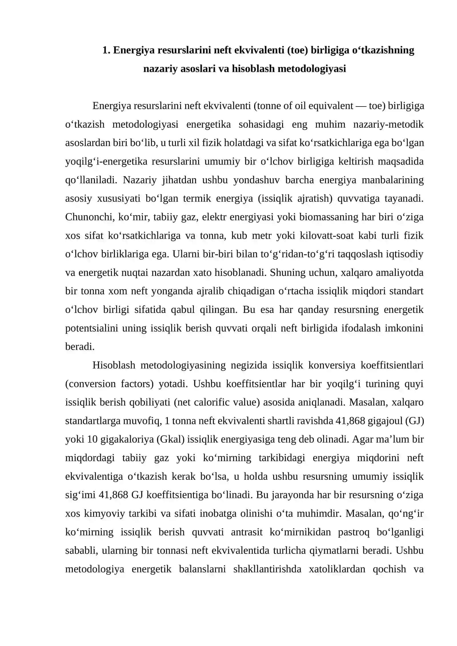 Energiya resurslarini neft ekvivalenti asosida hisoblash usullari va ularning amaliy ahamiyati nimada 4