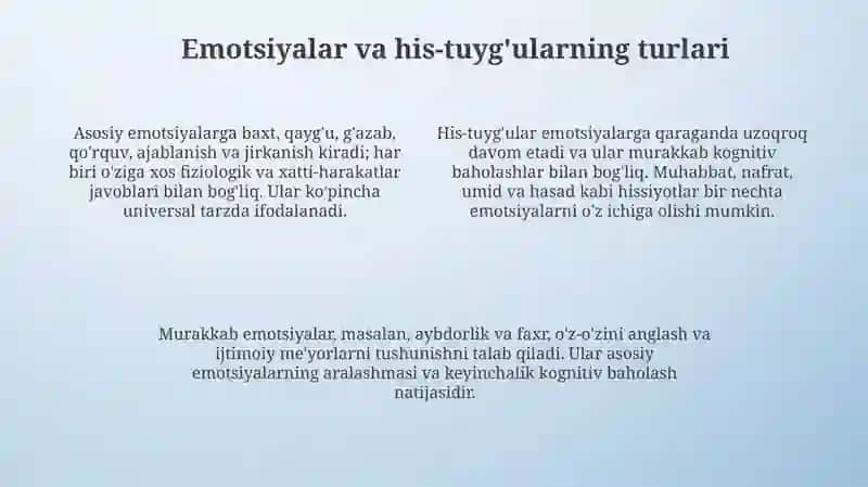 Emotsiya va hissiyot haqida umumiy tushunchalar va ularni turlari va funksiyalari 4